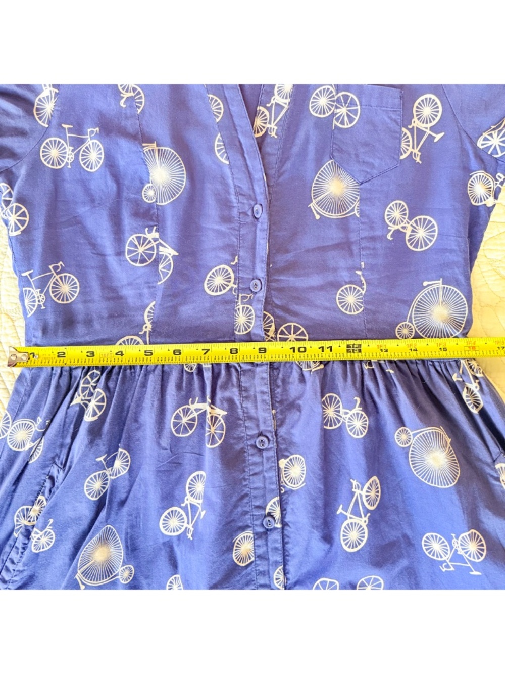 Porridge Cottagecore Twee Retro Blue Bicycle Print Cotton Day Dress Pockets Sz 6 - Picture 17 of 17
